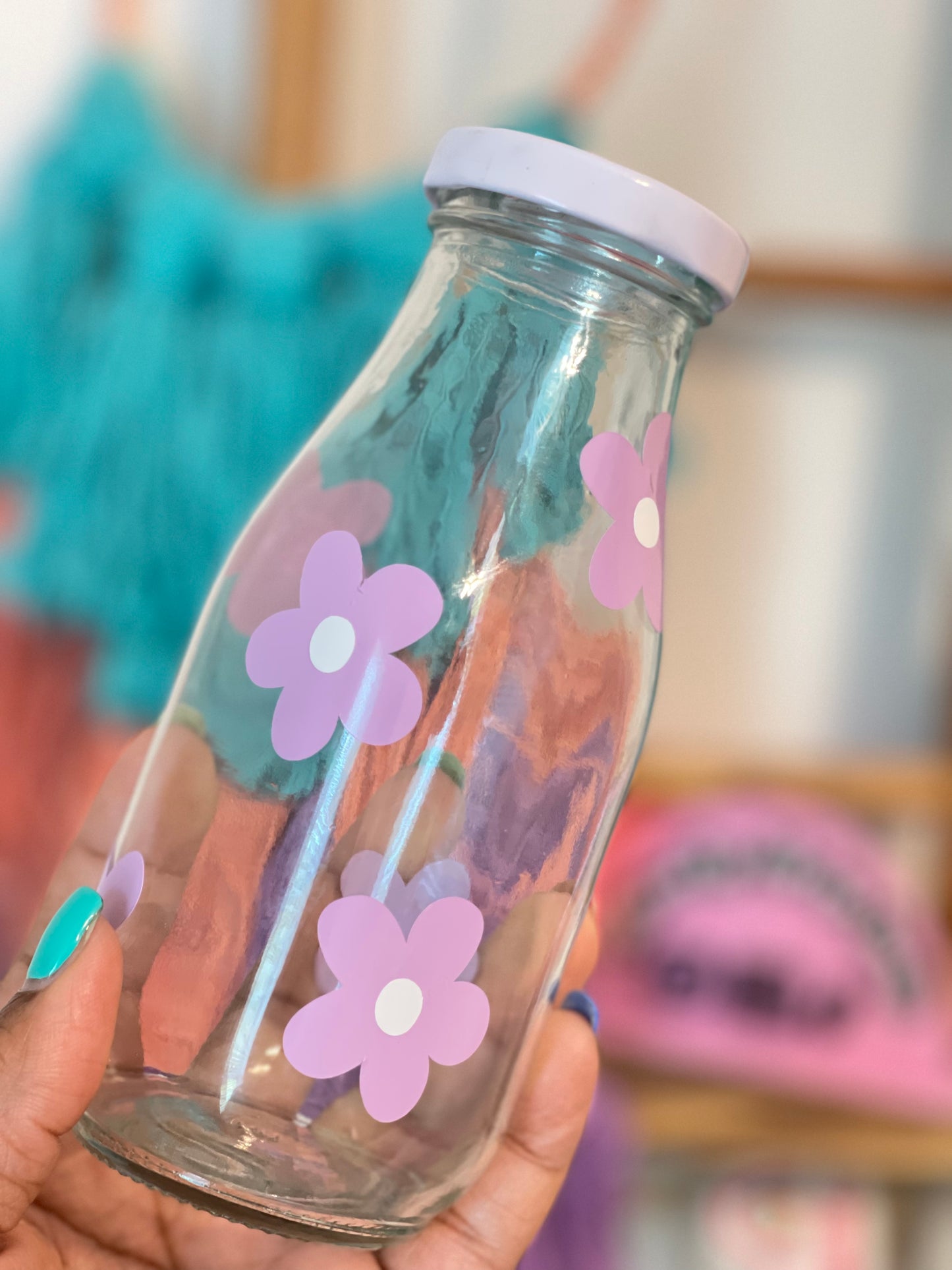 Purple Daisies-Glass Milk Bottle