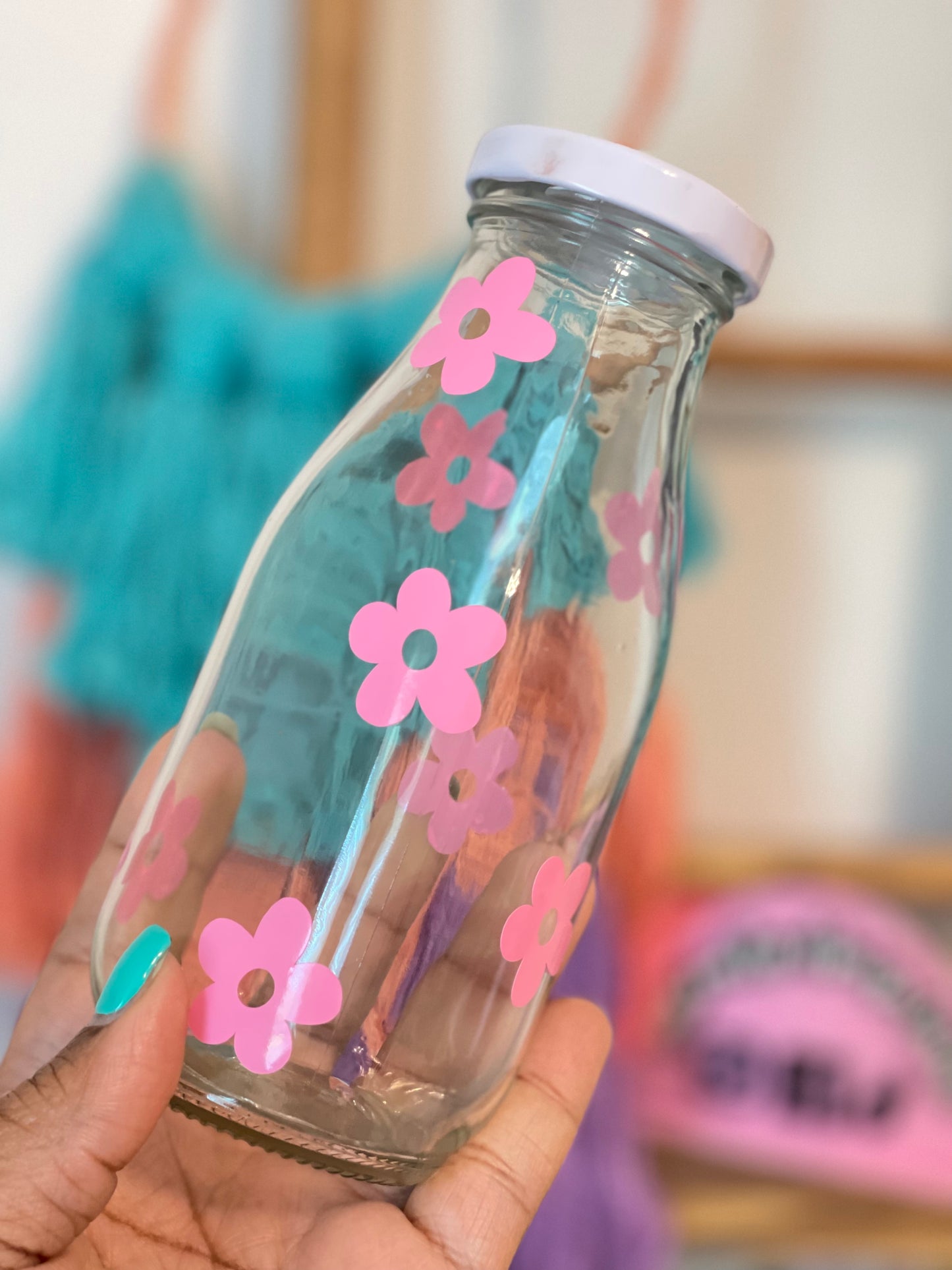 Pink Daisies-Glass Milk Bottle
